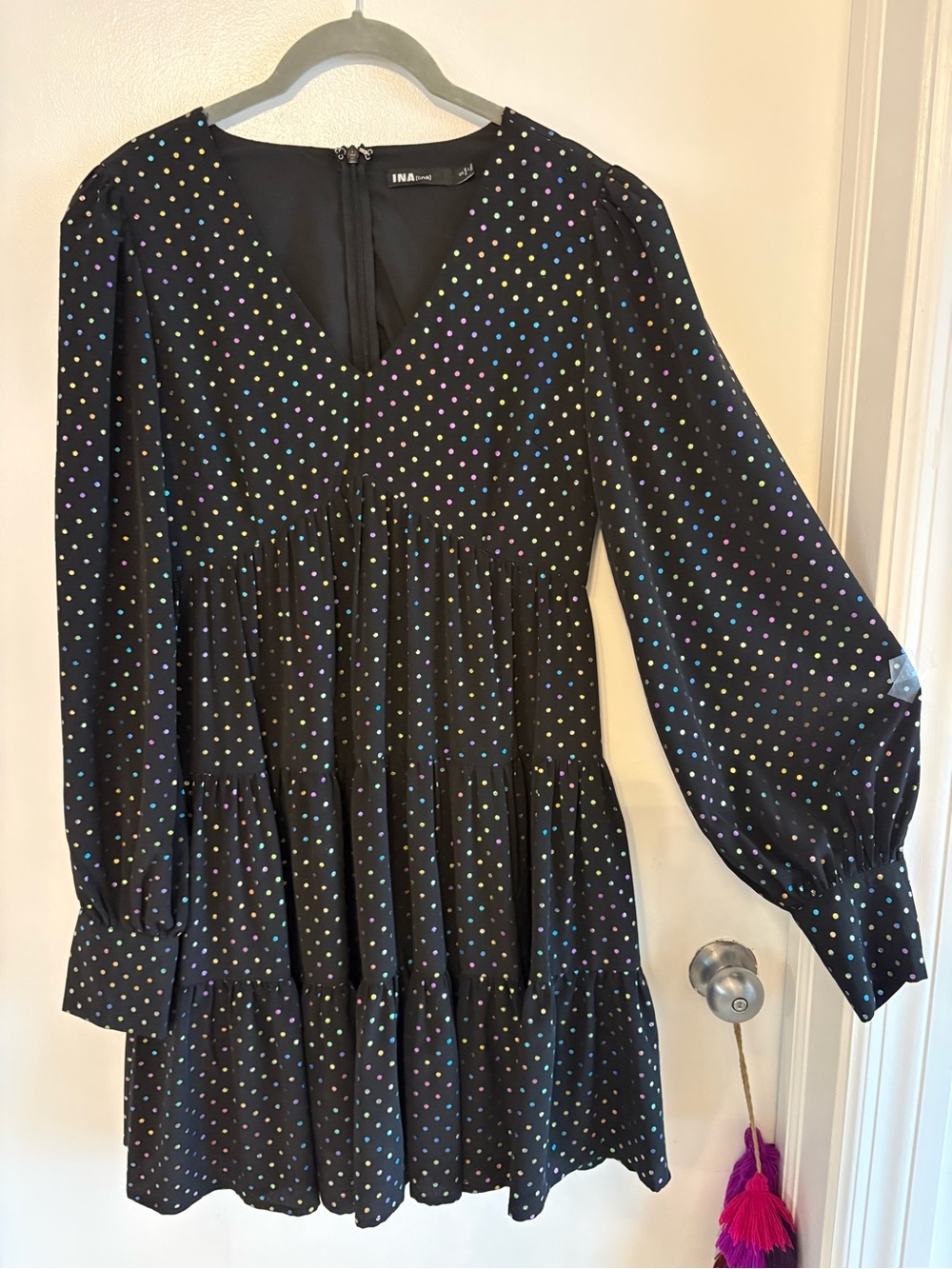 INA I:na Black Dress! Multi color shiny polka dots! 3 tier long sleeve V neck
